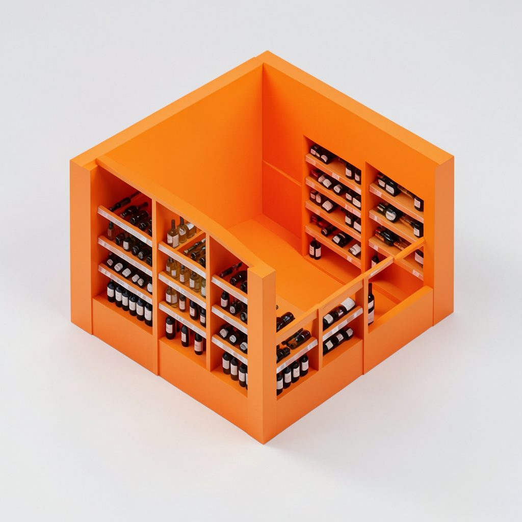 An isometric 3D render of a cozy wine cellar corner with bottles, a decanter, and tasting notes on a rustic table, warm terracotta and deep green accents.